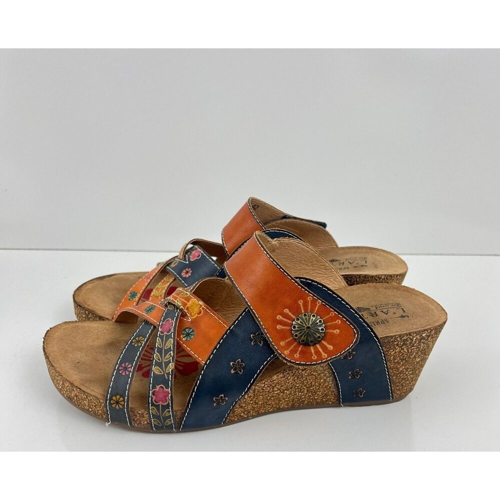 La Artiste Jadora  Women's Floral Embossed  Leather Sandals Blue & Orange 42 10. - Picture 9 of 9